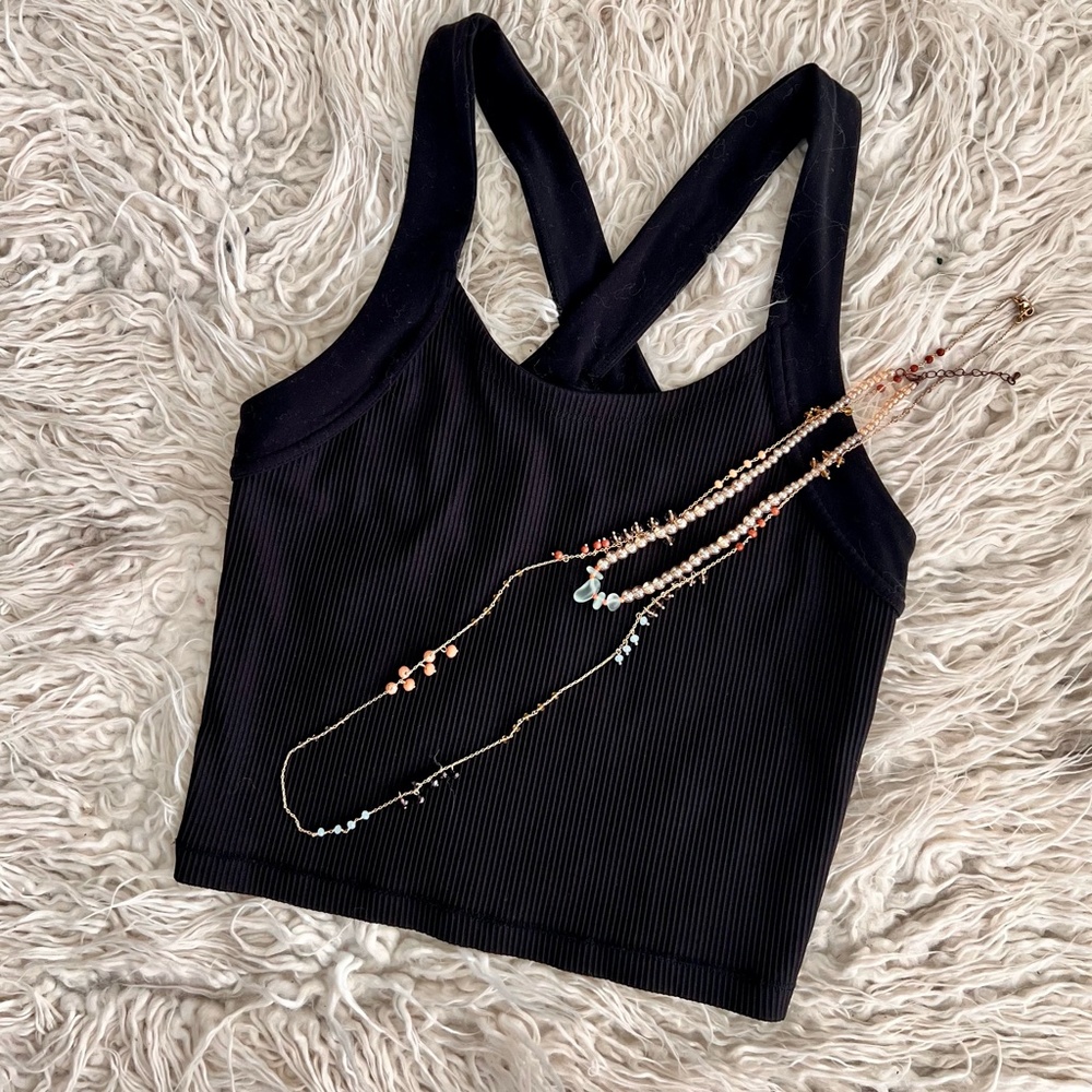 Athleta Horizon Black Ribbed Crop Workout Tank Size XS